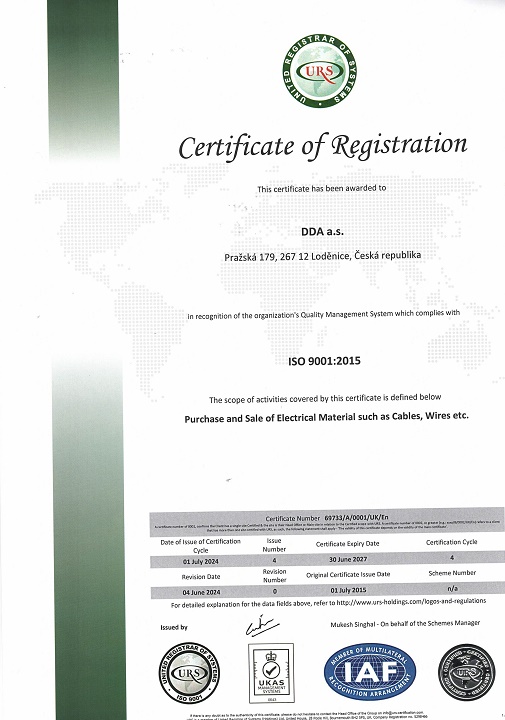 The company DDA is a holder of ISO 9001:2015 certificate