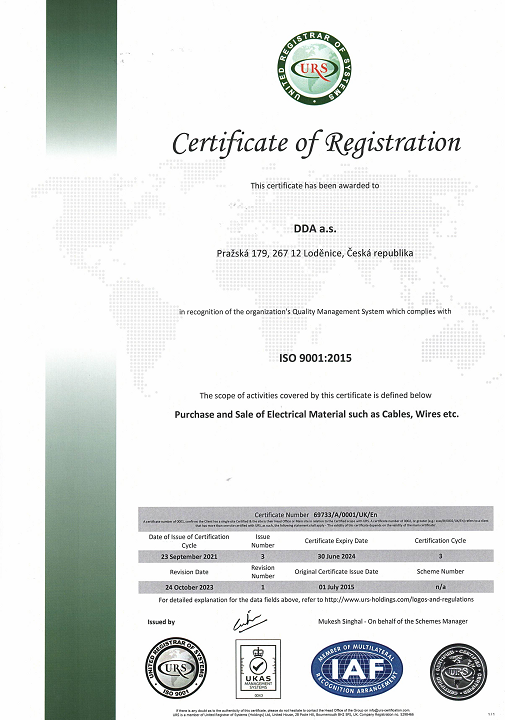 The company DDA is a holder of ISO 9001:2015 certificate